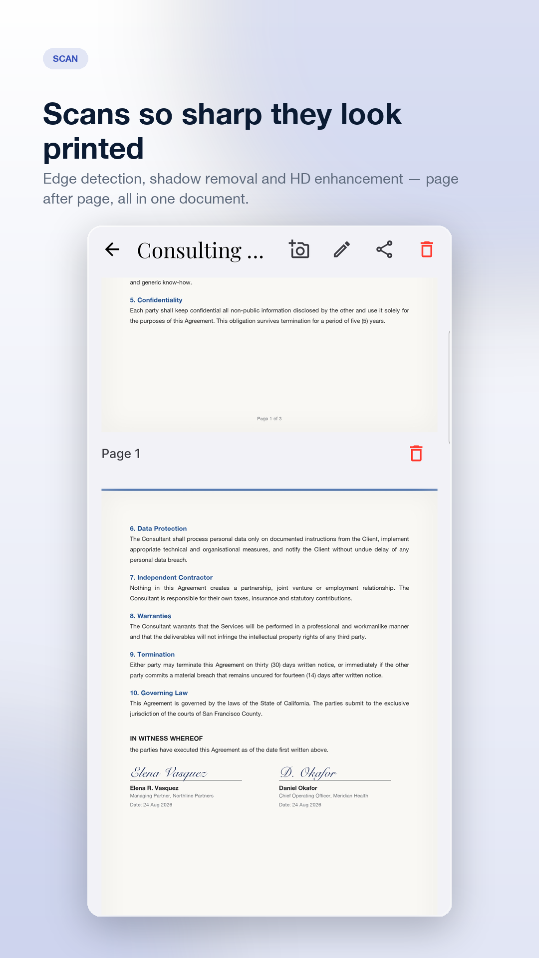 A sharp multi-page contract scan