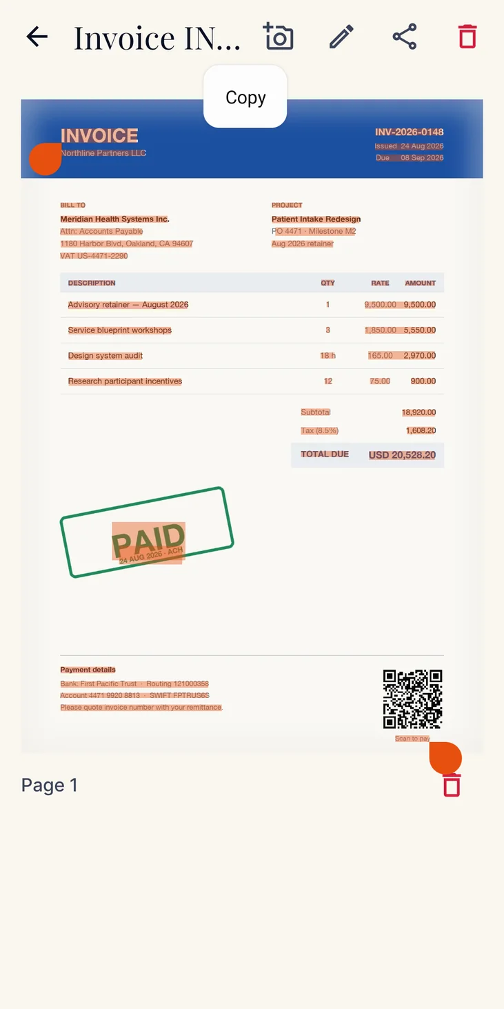 Scannera recognising text on a scanned invoice, ready to copy