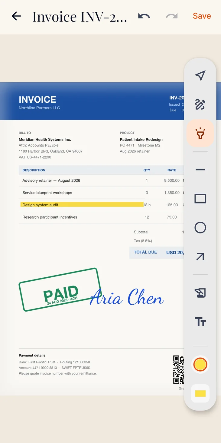 Annotating and signing an invoice in Scannera
