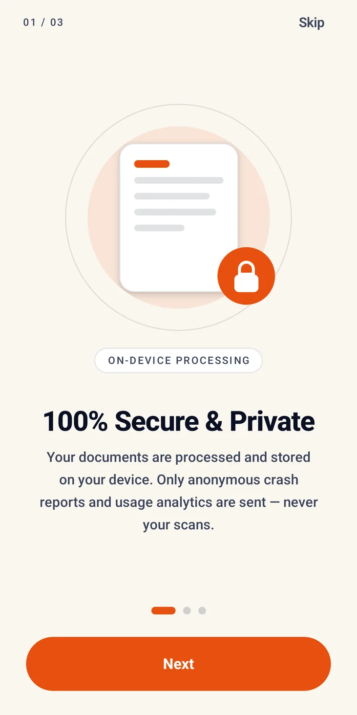 The Scannera onboarding screen explaining on-device processing