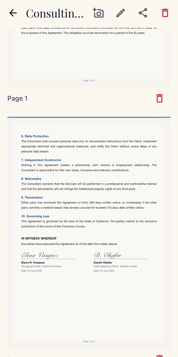 A multi-page contract scanned in Scannera